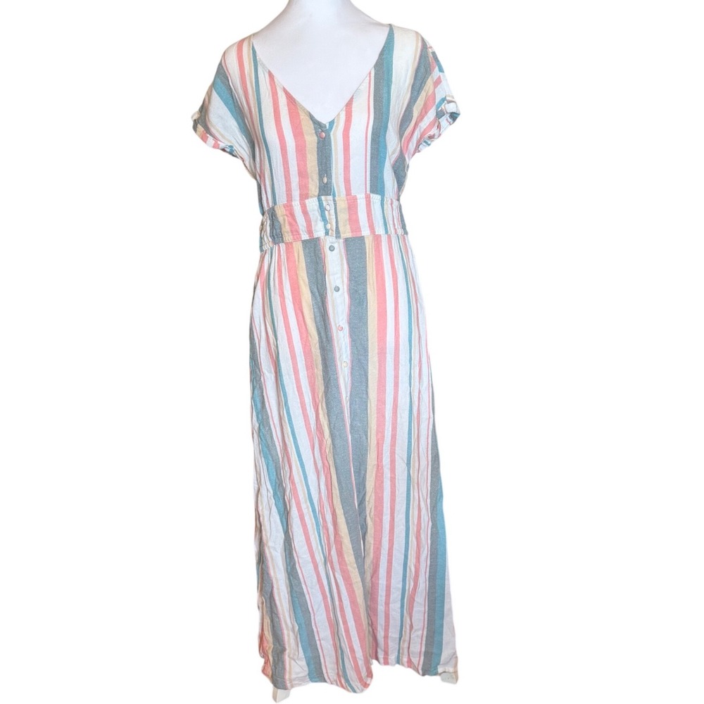 Roxy Womens Striped Button Front Maxi Dress Pink Teal Cotton Blend Large